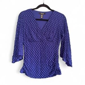 Y2K Bell Sleeve Top Women's Size Medium Petite Blue Mesh Polka Dot Ruched Girly